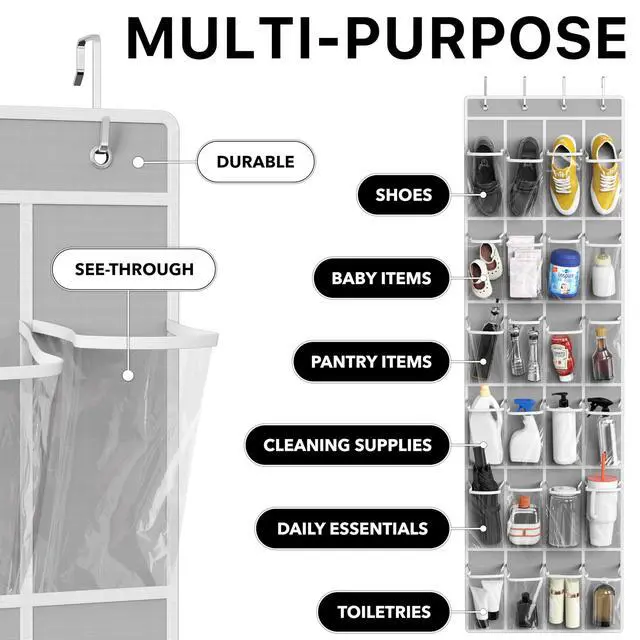 Alt view image 5 of 7 - 24 Pockets - Crystal Clear Over The Door Hanging Shoe Organizer, Gray (64'' x 19'')