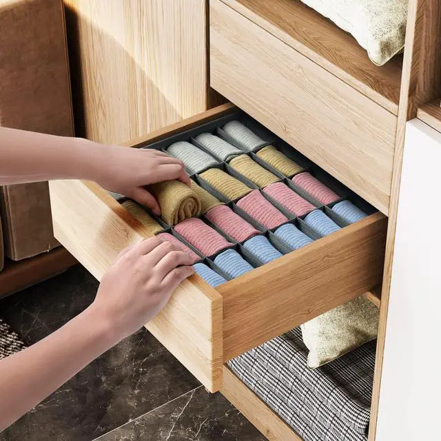 Alt view image 3 of 7 - Sock Drawer Organizer Divider 2 Packs Underwear Organizer, 24 Cell Closet Organizers and Storage Organizer Sock Holders Organizers for Storing Socks, Handkerchiefs, Ties, Belts (Grey)