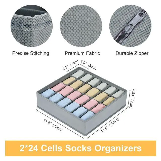 Alt view image 4 of 7 - Sock Drawer Organizer Divider 2 Packs Underwear Organizer, 24 Cell Closet Organizers and Storage Organizer Sock Holders Organizers for Storing Socks, Handkerchiefs, Ties, Belts (Grey)
