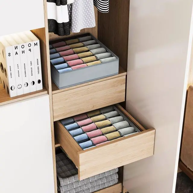 Alt view image 5 of 7 - Sock Drawer Organizer Divider 2 Packs Underwear Organizer, 24 Cell Closet Organizers and Storage Organizer Sock Holders Organizers for Storing Socks, Handkerchiefs, Ties, Belts (Grey)