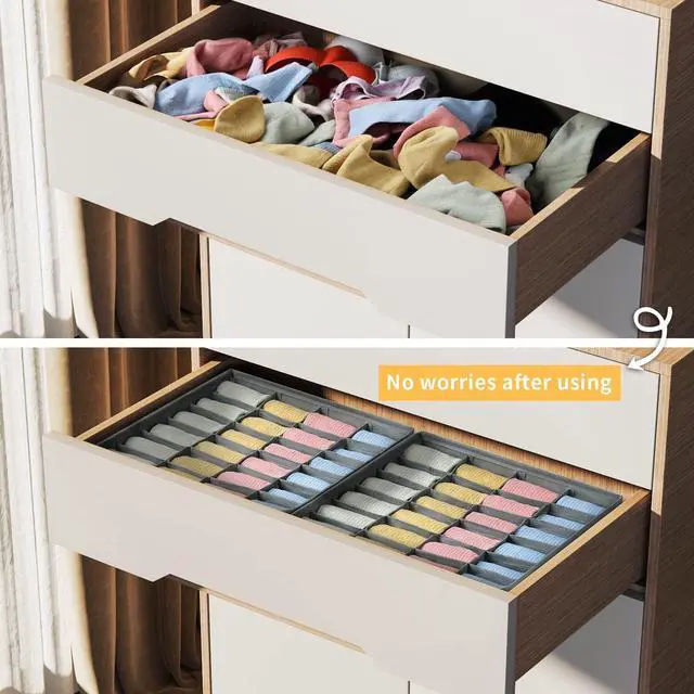 Alt view image 7 of 7 - Sock Drawer Organizer Divider 2 Packs Underwear Organizer, 24 Cell Closet Organizers and Storage Organizer Sock Holders Organizers for Storing Socks, Handkerchiefs, Ties, Belts (Grey)