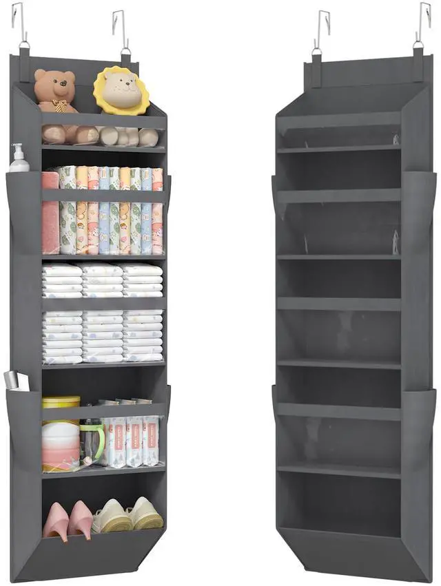 Main image of 1 Pack Over the Door Organizer, 5 Section Clear Window Hanging Storage with 4 Side Pockets, Sturdy Anti Tilt 40 lbs Load Behind Door for Closet, Bedroom, Bathroom, Nursery, Dorm, Dark Gray