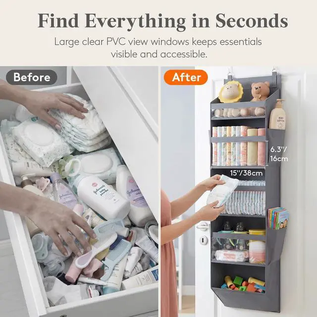 Alt view image 3 of 7 - 1 Pack Over the Door Organizer, 5 Section Clear Window Hanging Storage with 4 Side Pockets, Sturdy Anti Tilt 40 lbs Load Behind Door for Closet, Bedroom, Bathroom, Nursery, Dorm, Dark Gray