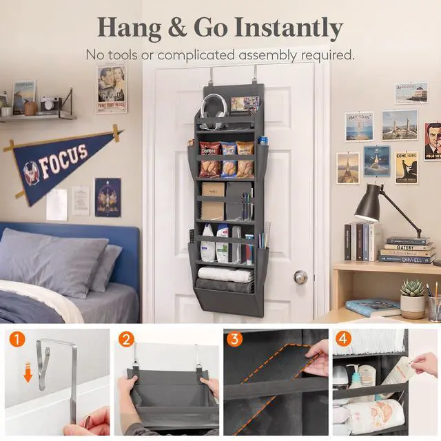 Alt view image 5 of 7 - 1 Pack Over the Door Organizer, 5 Section Clear Window Hanging Storage with 4 Side Pockets, Sturdy Anti Tilt 40 lbs Load Behind Door for Closet, Bedroom, Bathroom, Nursery, Dorm, Dark Gray