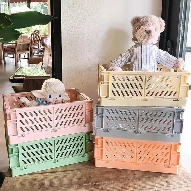 Alt view image 3 of 7 - Small Pastel Plastic Storage Bins 2Pcs Foldable Pastel Crates Plastic Basket Colorful Storage Containers Baskets for Classroom Kitchen Office Bedroom Desktop Home Decor (Green 9.8" x 6.5" x 3.8")