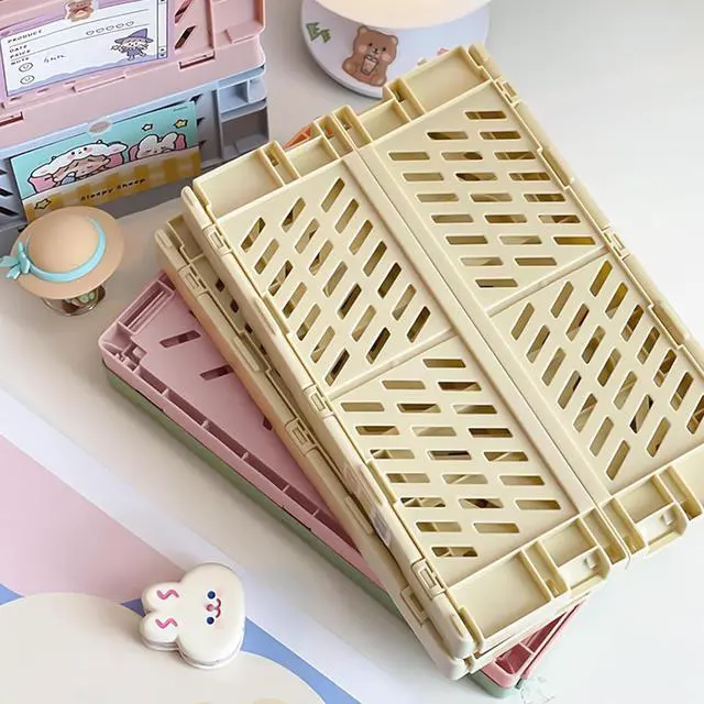 Alt view image 4 of 7 - Small Pastel Plastic Storage Bins 2Pcs Foldable Pastel Crates Plastic Basket Colorful Storage Containers Baskets for Classroom Kitchen Office Bedroom Desktop Home Decor (Green 9.8" x 6.5" x 3.8")
