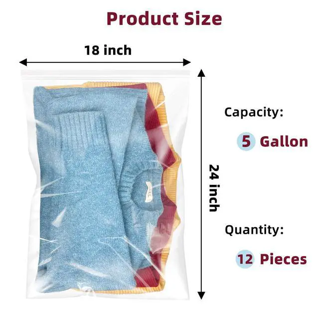 Alt view image 2 of 7 - Large 5 Gallon Plastic Zipper Storage Bags, 18x24 Inches Clear Reclosable Storage Bags 12Pieces