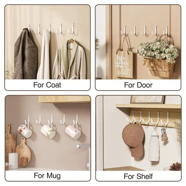 Alt view image 6 of 6 - Wall Hooks for Hanging Towel/Coat - 22LB Screw in Metal Hanger Wall Mount, for Outdoor, Closet, Door, Bathrooms, for Backpack, Robe, White 5 Pack