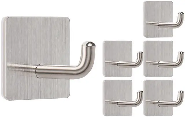 Main image of Adhesive Towel Hooks, 304 Stainless Steel Self Sticky Wall Hooks Waterproof Shower Hooks for Robe/Clothes, No Drilling Towel Hangers for Bathroom Kitchen Bedroom (Brushed Nickel, 6 Packs)