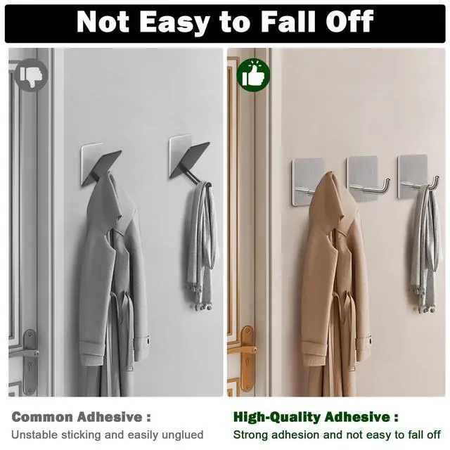 Alt view image 4 of 7 - Adhesive Towel Hooks, 304 Stainless Steel Self Sticky Wall Hooks Waterproof Shower Hooks for Robe/Clothes, No Drilling Towel Hangers for Bathroom Kitchen Bedroom (Brushed Nickel, 6 Packs)