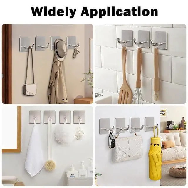 Alt view image 6 of 7 - Adhesive Towel Hooks, 304 Stainless Steel Self Sticky Wall Hooks Waterproof Shower Hooks for Robe/Clothes, No Drilling Towel Hangers for Bathroom Kitchen Bedroom (Brushed Nickel, 6 Packs)