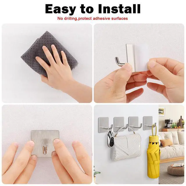 Alt view image 5 of 7 - Adhesive Towel Hooks, 304 Stainless Steel Self Sticky Wall Hooks Waterproof Shower Hooks for Robe/Clothes, No Drilling Towel Hangers for Bathroom Kitchen Bedroom (Brushed Nickel, 6 Packs)