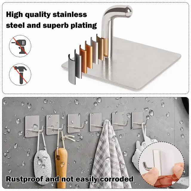 Alt view image 3 of 7 - Adhesive Towel Hooks, 304 Stainless Steel Self Sticky Wall Hooks Waterproof Shower Hooks for Robe/Clothes, No Drilling Towel Hangers for Bathroom Kitchen Bedroom (Brushed Nickel, 6 Packs)
