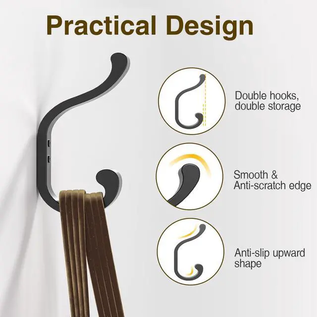 Alt view image 4 of 7 - Coat Hooks Wall Mount for Hanging, Heavy Duty Backpack Hooks for Wall, Hold up to 30 lbs, Large Hanger Hooks for Towels, Purses, Clothes, Mudroom, Bathroom, Door, Black, 4 Pack