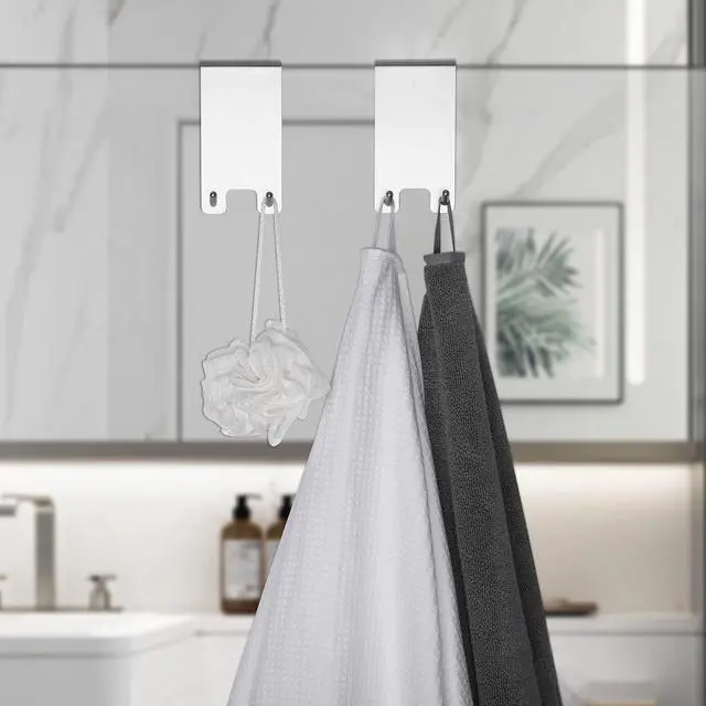 Alt view image 2 of 5 - Over The Door Hooks - Stainless Steel Shower Towel Hooks, Squeegee Holder, Frameless Glass Shower Door, 2 Packs