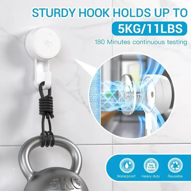 Alt view image 3 of 7 - Heavy Duty Waterproof Shower Hooks 2 Pack - Suction Hook, No Drill Damage-Free Removable Reusable Wall Hooks for Bathroom Kitchen Towel Bathrobe Loofah Shower Hooks (Max Load 11LB/5KG)