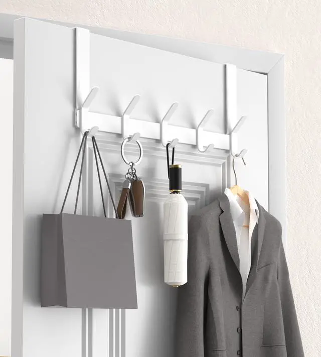 Main image of Over The Door Hooks with 7" Extended Arms, Fits 1-3/8" Doors, J18U, Heavy Duty Bathroom & Closet Towel Rack, Double-Hooks Hanger 1 Pack, Glossy White