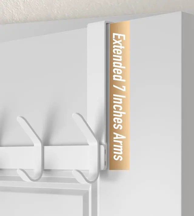 Alt view image 3 of 7 - Over The Door Hooks with 7" Extended Arms, Fits 1-3/8" Doors, J18U, Heavy Duty Bathroom & Closet Towel Rack, Double-Hooks Hanger 1 Pack, Glossy White