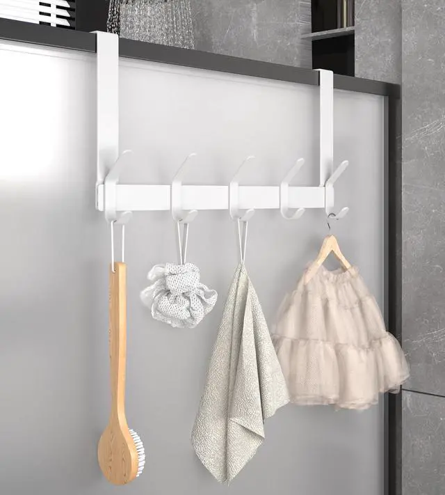 Alt view image 7 of 7 - Over The Door Hooks with 7" Extended Arms, Fits 1-3/8" Doors, J18U, Heavy Duty Bathroom & Closet Towel Rack, Double-Hooks Hanger 1 Pack, Glossy White