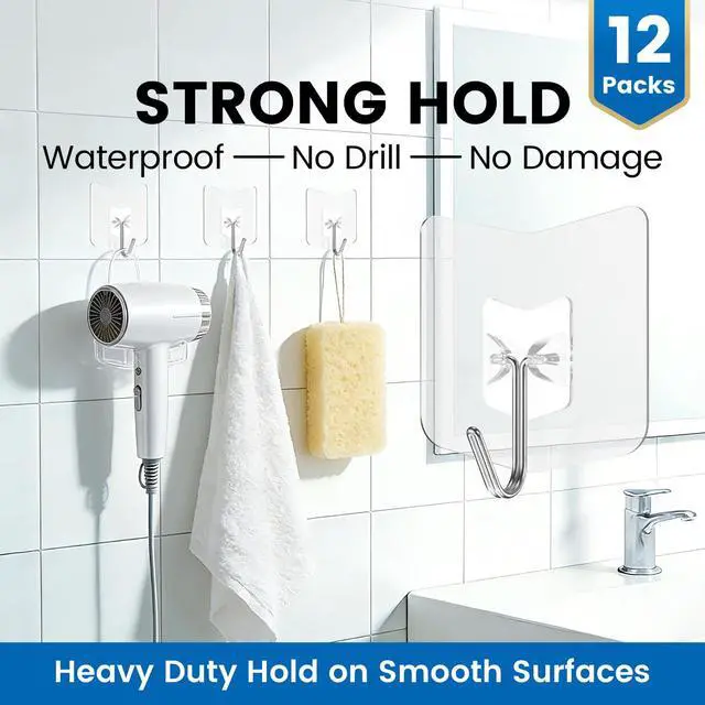 Alt view image 6 of 7 - Clear Adhesive Wall Hooks No-Drill, Transparent Hooks 12 Pack for Balloon Decorations, Apartment Organization, Dorm Rooms, Bathroom Towels, Kitchen Utensils & Holiday Decor, Strong Sticky Wall Hangers