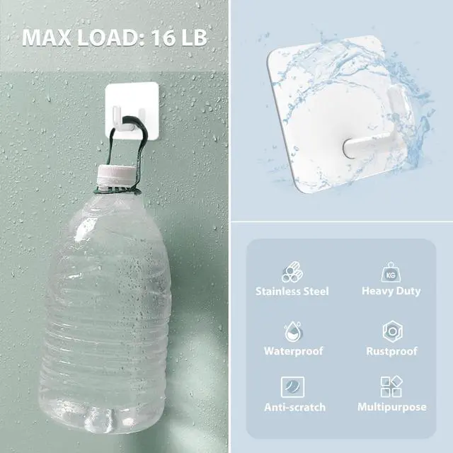 Alt view image 4 of 7 - Adhesive Hooks, Metal Shower Wall Stick on Hooks, Waterproof, 2 Extra Adhesive Strips, White, 4 Pcs