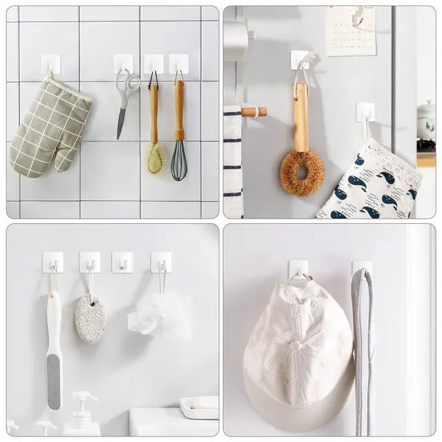 Alt view image 2 of 7 - Adhesive Hooks, Metal Shower Wall Stick on Hooks, Waterproof, 2 Extra Adhesive Strips, White, 4 Pcs
