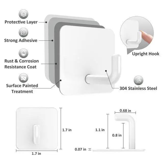 Alt view image 3 of 7 - Adhesive Hooks, Metal Shower Wall Stick on Hooks, Waterproof, 2 Extra Adhesive Strips, White, 4 Pcs