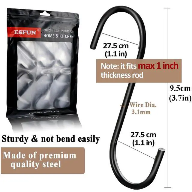 Alt view image 2 of 7 - 30 Pack 3.7 inch Length S Hooks Black Steel S Shaped Hooks for Hanging Jeans Pans Pots Plants Bags Towels Kitchen Closet Hooks Hanger, Fit The Rod Dia Less than1 inches