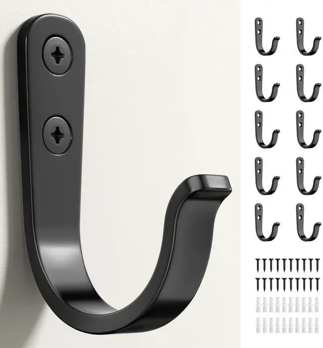 Main image of 10Pcs Wall Hooks for Bathroom, Kitchen, Closet, and Garage - Black Metal Hooks for Hanging Coats, Towels, Hats, Keys, Bags, and Coffee Cups - Holds Up to 40 lbs