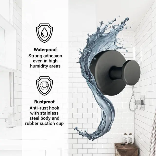 Alt view image 4 of 7 - Suction Cup Hooks for Shower - 2 Pack, Matte Black - Stainless Steel, Strong Suction, No Drill, Removable Hanger, Tile Bathroom Kitchen Wall, Glass Door, Mirror Hook Hanging Robe, Towel Holder