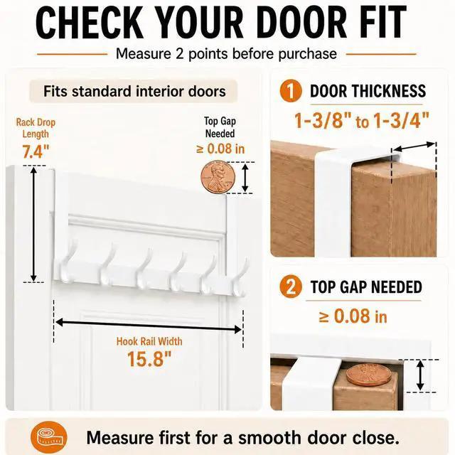 Alt view image 2 of 7 - Over The Door Hooks, 1 Pack White Door Hanger Rack for 1-3/4" Doors, 7.4" Arms, 6 Double Hooks with 12 Hanging Points, 4 Pads, Towel Rack for Bathroom, Bedroom, Closet, Dorm