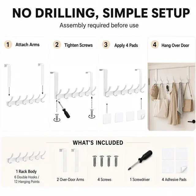 Alt view image 3 of 7 - Over The Door Hooks, 1 Pack White Door Hanger Rack for 1-3/4" Doors, 7.4" Arms, 6 Double Hooks with 12 Hanging Points, 4 Pads, Towel Rack for Bathroom, Bedroom, Closet, Dorm