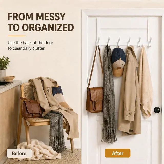 Alt view image 6 of 7 - Over The Door Hooks, 1 Pack White Door Hanger Rack for 1-3/4" Doors, 7.4" Arms, 6 Double Hooks with 12 Hanging Points, 4 Pads, Towel Rack for Bathroom, Bedroom, Closet, Dorm