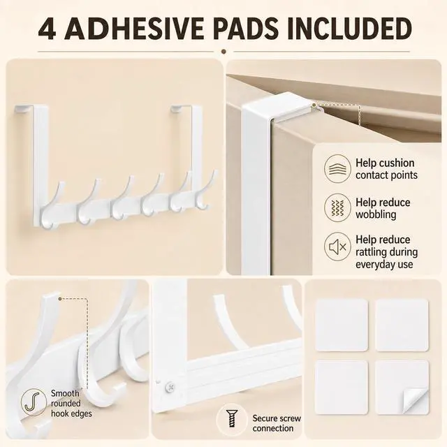 Alt view image 4 of 7 - Over The Door Hooks, 1 Pack White Door Hanger Rack for 1-3/4" Doors, 7.4" Arms, 6 Double Hooks with 12 Hanging Points, 4 Pads, Towel Rack for Bathroom, Bedroom, Closet, Dorm