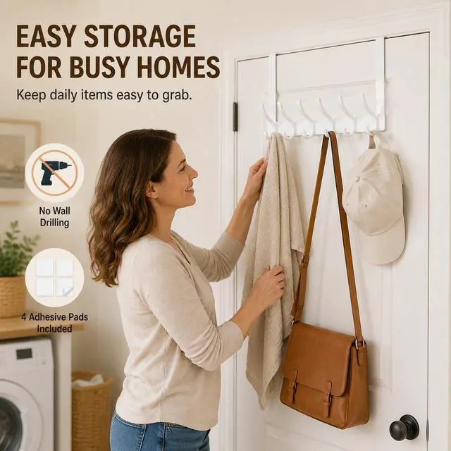 Alt view image 5 of 7 - Over The Door Hooks, 1 Pack White Door Hanger Rack for 1-3/4" Doors, 7.4" Arms, 6 Double Hooks with 12 Hanging Points, 4 Pads, Towel Rack for Bathroom, Bedroom, Closet, Dorm