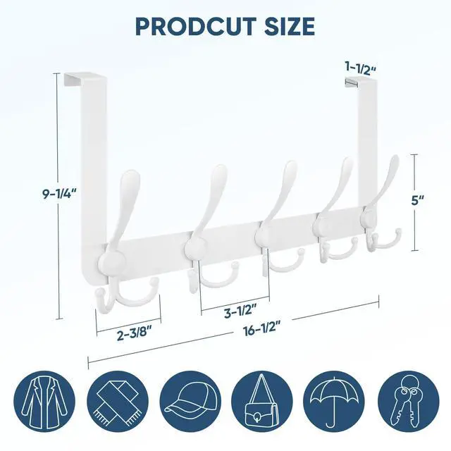 Alt view image 2 of 7 - Over The Door Hooks, 5 Heavy Duty Tri Coat Rack All Metal Coat Hanger for Bathroom Bedroom Dorm (White, 1PK, Fit 1-3/8" Doors)