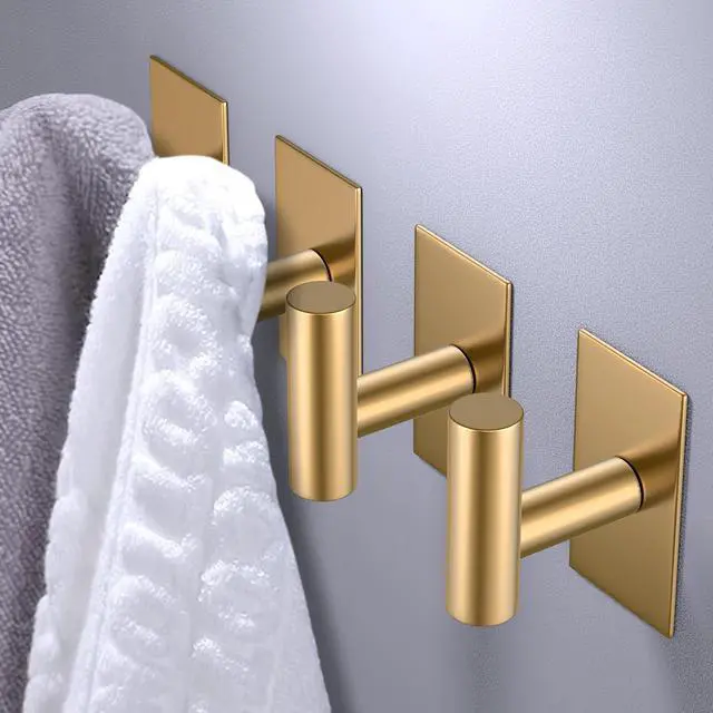 Alt view image 2 of 7 - Wall Towel Hooks, Heavy Duty Sticky Holder Waterproof Towel Hooks for Hanging Coat, Clothes, Closet Hook Wall Mount for Kitchen (Gold, 2 Pack)