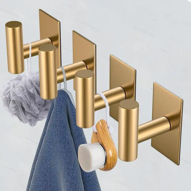 Alt view image 4 of 7 - Wall Towel Hooks, Heavy Duty Sticky Holder Waterproof Towel Hooks for Hanging Coat, Clothes, Closet Hook Wall Mount for Kitchen (Gold, 2 Pack)