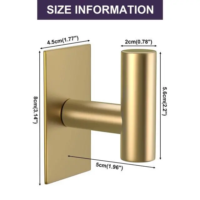 Alt view image 6 of 7 - Wall Towel Hooks, Heavy Duty Sticky Holder Waterproof Towel Hooks for Hanging Coat, Clothes, Closet Hook Wall Mount for Kitchen (Gold, 2 Pack)