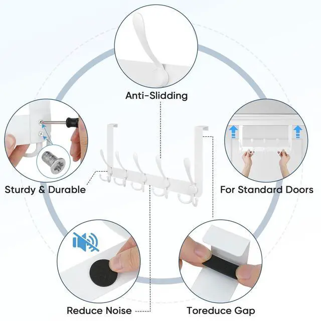 Alt view image 7 of 7 - Over The Door Hooks, 5 Heavy Duty Tri Coat Rack All Metal Coat Hanger for Bathroom Bedroom Dorm (White, 1PK, Fit 1-3/8" Doors)
