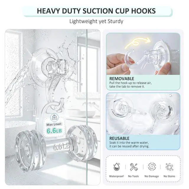 Alt view image 3 of 7 - Shower Suction Cup Hooks, Removable and Reusable, Clear, Small, 2 Pcs
