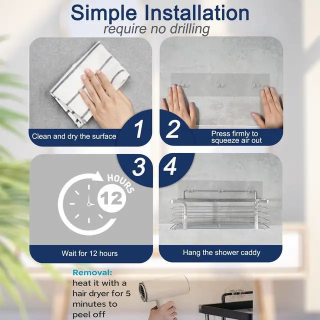 Alt view image 6 of 7 - Shower Caddy Adhesive Replacement, 4 Pack Strong Adhesive Shower Hooks, Water-Proof Shower Adhesive Strips, No Drilling for Corner Shelf Basket, Bathroom Storage Shelves and Kitchen Racks