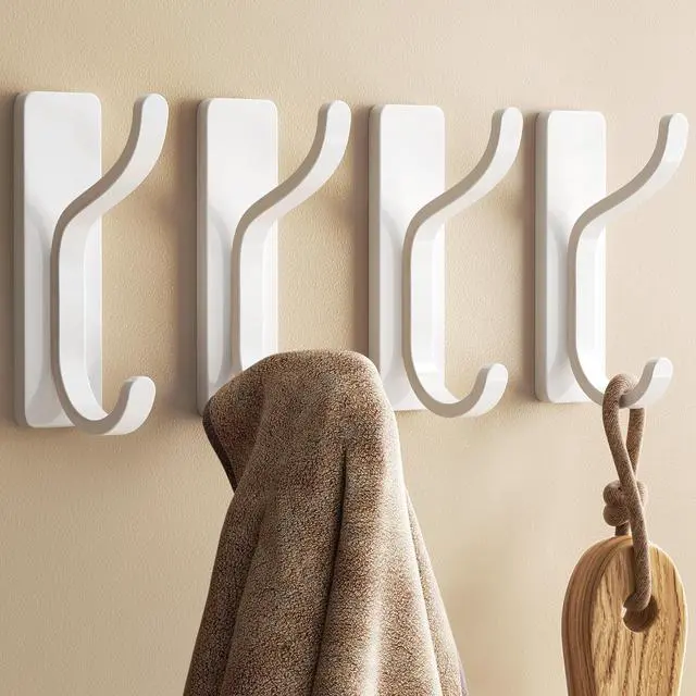 Main image of Adhesive Wall Coat Hooks - Heavy Duty Stick-On Door Hanger, Metal Hook for Hanging Towel,Purse, Robe, Backpack, Jacket, Clothes - for Bathroom,Dorm, Closet, Kitchen - White, 4 Pack