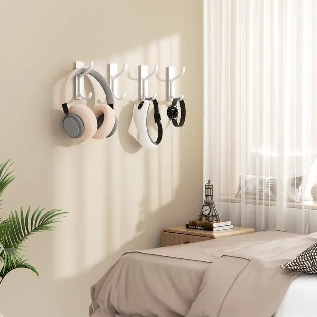Alt view image 2 of 7 - Adhesive Wall Coat Hooks - Heavy Duty Stick-On Door Hanger, Metal Hook for Hanging Towel,Purse, Robe, Backpack, Jacket, Clothes - for Bathroom,Dorm, Closet, Kitchen - White, 4 Pack