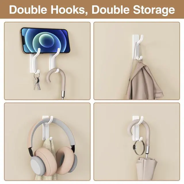 Alt view image 5 of 7 - Adhesive Wall Coat Hooks - Heavy Duty Stick-On Door Hanger, Metal Hook for Hanging Towel,Purse, Robe, Backpack, Jacket, Clothes - for Bathroom,Dorm, Closet, Kitchen - White, 4 Pack