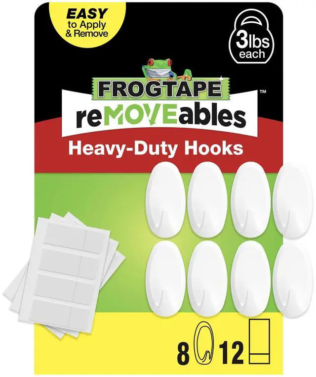 Main image of reMOVEables Heavy Duty Wall Hooks - 8 Hooks and 12 Strips - Holds up to 3 lbs - No Damage - Easy to Remove & Reuse - Medium Wall Hook with Adhesive Strips - White (Pack of 8)