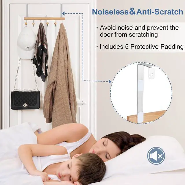 Alt view image 2 of 7 - Over The Door Hooks for Hanging, Towel Hooks Towel Racks for Bathroom, Coat Hooks Coat Rack Over The Door Organizer Hanging, Wooden Door Hangers for Coat Towel Hat Purse CT71N