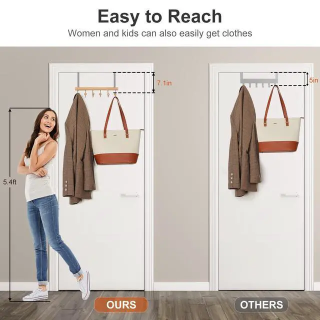 Alt view image 3 of 7 - Over The Door Hooks for Hanging, Towel Hooks Towel Racks for Bathroom, Coat Hooks Coat Rack Over The Door Organizer Hanging, Wooden Door Hangers for Coat Towel Hat Purse CT71N
