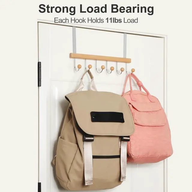 Alt view image 4 of 7 - Over The Door Hooks for Hanging, Towel Hooks Towel Racks for Bathroom, Coat Hooks Coat Rack Over The Door Organizer Hanging, Wooden Door Hangers for Coat Towel Hat Purse CT71N
