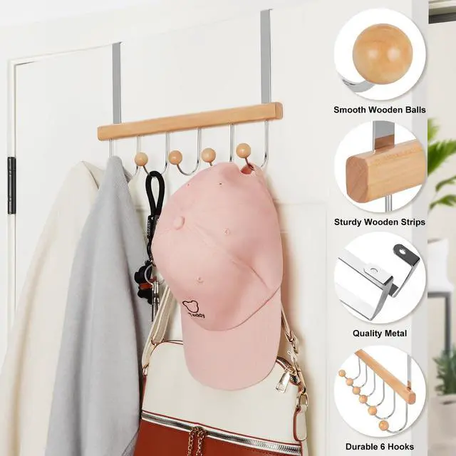 Alt view image 5 of 7 - Over The Door Hooks for Hanging, Towel Hooks Towel Racks for Bathroom, Coat Hooks Coat Rack Over The Door Organizer Hanging, Wooden Door Hangers for Coat Towel Hat Purse CT71N